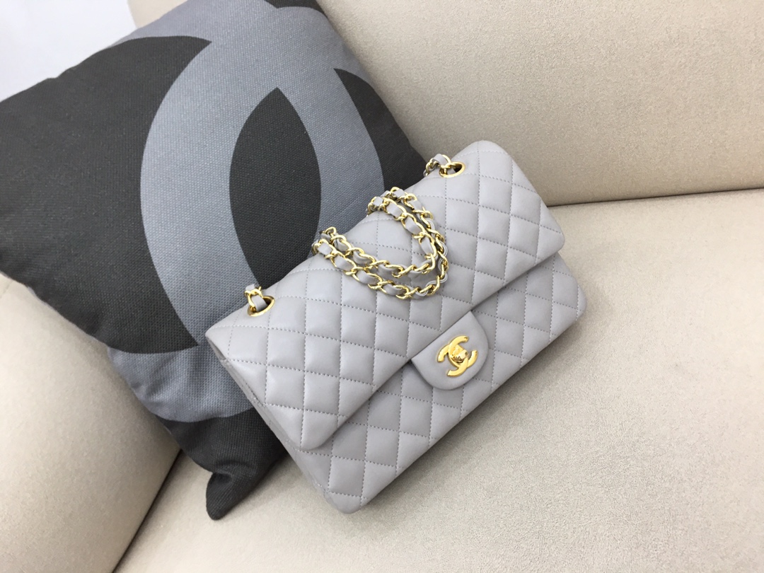 Medium Classic Flap Lambskin Bag AO1112 Gray/Gold